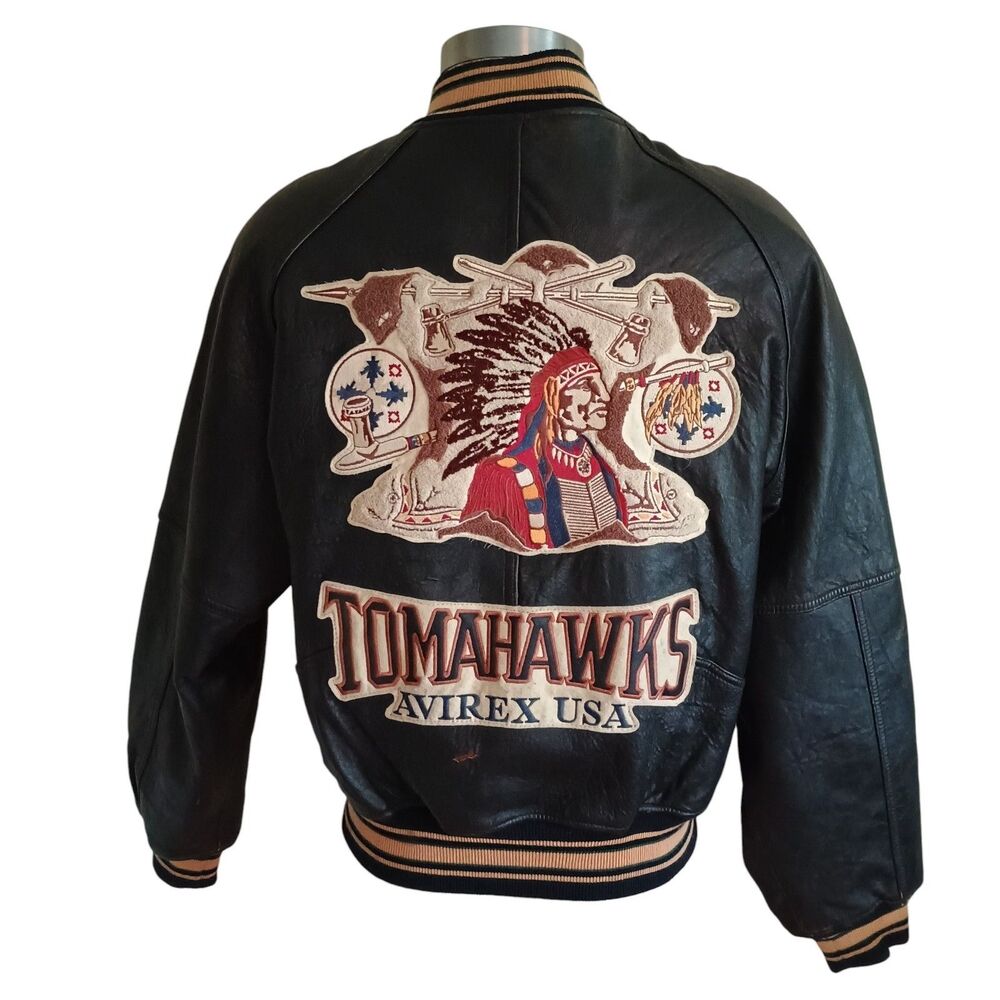 AVIREX TOMAHAWKS Varsity Jacket Black Leather Mens Size L Vintage